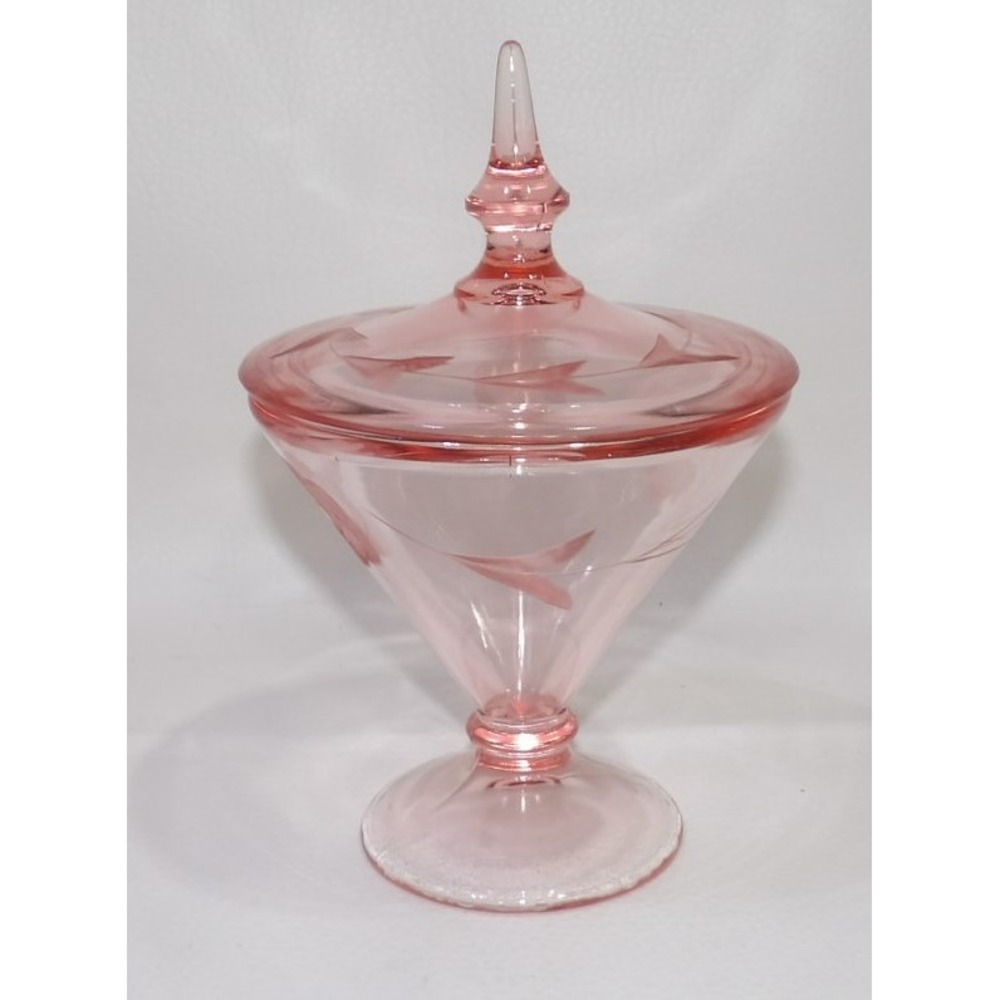 Vintage Lancaster Pink Depression Glass Etched Candy Dish Lidded Footed Compote